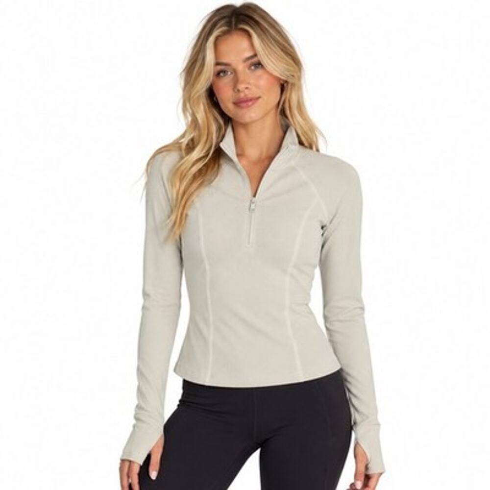 Beyond Yoga Womens Cream Heather Rib Take a Hike 1/4 Zip Pullover Long Sleeve XS